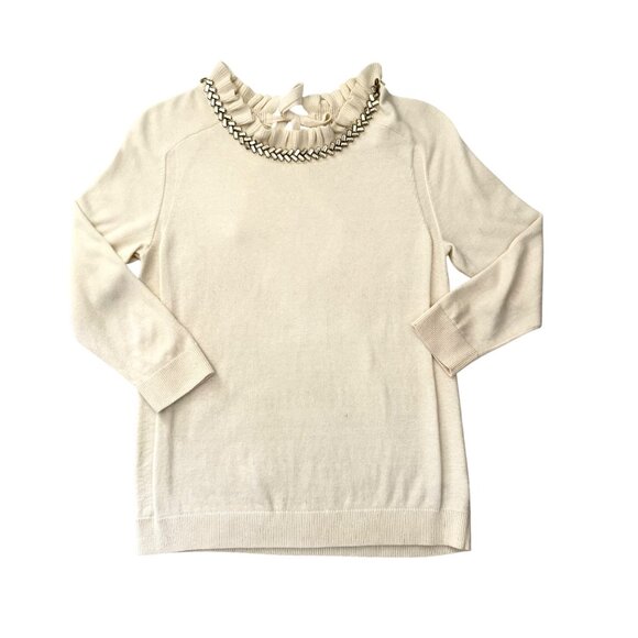 RSVP by Talbots Sweater Size SP Cream Ruffle Neck Jeweled Trim Bow Back Elegant - Picture 10 of 13